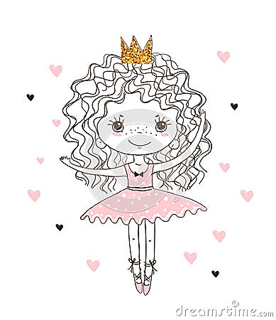 Cute little princess ballerina. A girl dances in a tutu skirt and pointe shoes. Linear hand drawing, vector doodle illustration Cartoon Illustration