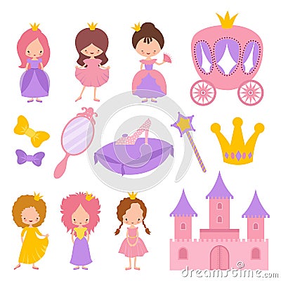 Cute little princess with crown and fairy-tale vector elements Vector Illustration