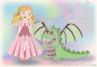 Cute little princess and dragon, Happy Saint Georg Vector Illustration