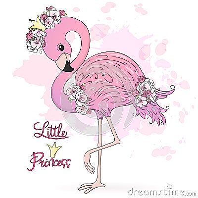 Cute Little Princess Flamingo with flowers. Vector Illustration EPS10. Vector Illustration