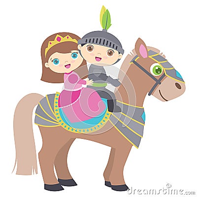 Cute Little Princess and Knight Riding a Horse Flat Vector Illustration Isolated on White Vector Illustration