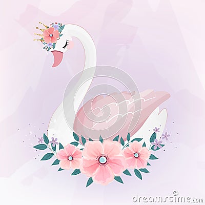 Cute Little Princess Swan with Flower bouquet Vector Illustration