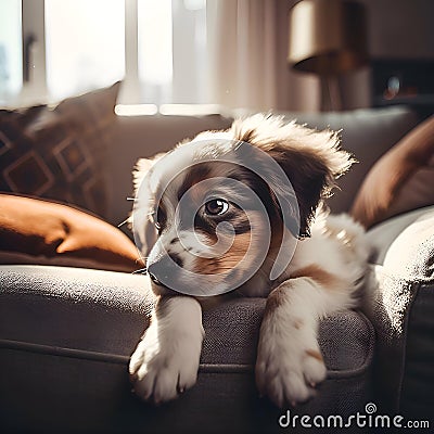 Cute little puppy on the sofa Stock Photo