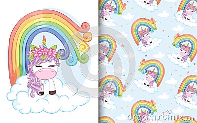 Cute little purple magical unicorn with rainbow and cloud. pattern with cute unicorns Vector Illustration