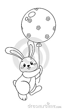 Cute little rabbit flying with balloon. Black and white vector illustration for coloring book Vector Illustration