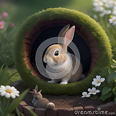 cute little rabbit in his den and looking forward Stock Photo