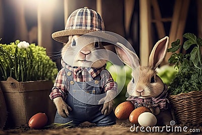 cute little rabbit peasant dressed in overalls, Generative AI Stock Photo