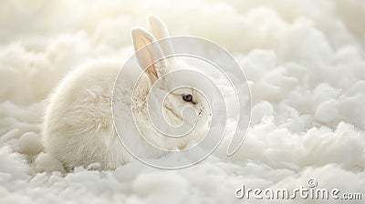 Cute little rabbit on white fur background, closeup. Easter holiday Stock Photo