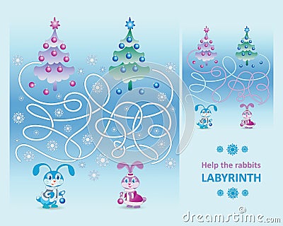 Cute little rabbits. Help the rabbits decorate the Christmas tree. Vector Illustration