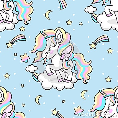 Cute little rainbow unicorn. Seamless pattern. Vector Illustration