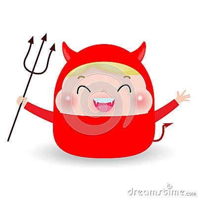 Cute little Red Devil Demon. boy kid in Halloween costume isolated on white background. Halloween Kid Costume Party Vector Vector Illustration
