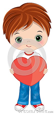 Cute Little Red-Haired Boy Holding Shape of Heart. Vector Boy with Heart Vector Illustration