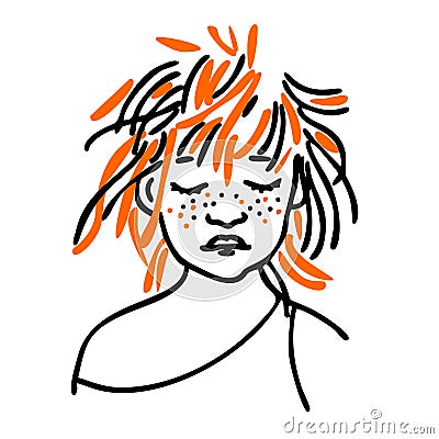 A cute little red-haired girl woke up and does not want to open her eyes. Lines vector. Outline Stock Photo