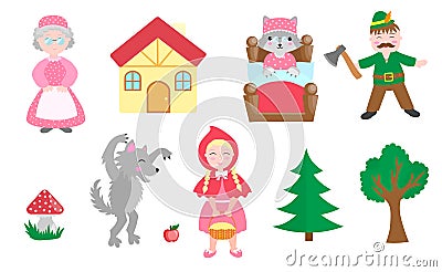 Cute Little Red Riding Hood set objects. Collection design element with pretty girl and her grandmother, wolf, woodman and trees. Cartoon Illustration