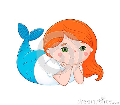 Cute little redhaired mermaid illustration. Digital colorful underwater fairy tale cartoon character. Cartoon Illustration