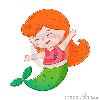 Cute little redhaired mermaid illustration. Digital colorful underwater fairy tale cartoon character Cartoon Illustration