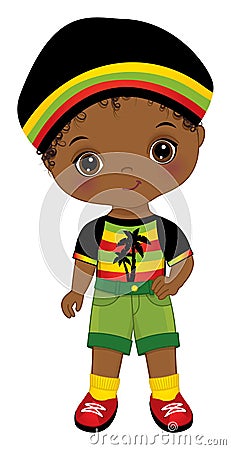 Cute Little Reggae African American Boy Wearing Rastafarian Outfit and Hat. Vector Cute Reggae Black Boy Vector Illustration