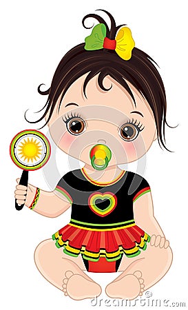 Cute Little Reggae Baby Girl with Pacifier Holding Rattle. Vector Reggae Baby Girl Vector Illustration
