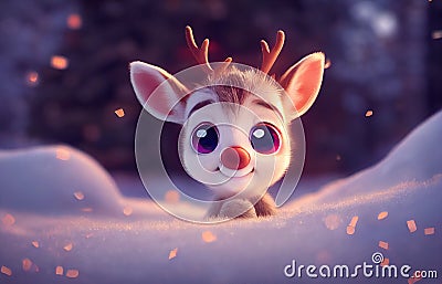 Cute little reindeer Rudolph in a snow-covered forest. Render of a Christmas character Cartoon Illustration