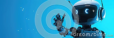 cute little robot assistant waves hello, mobile chatbot, computer security on the Internet, poster, horizontal banner, blue Stock Photo