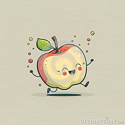 Cute little running apple fruit with kawaii face. Funny and friendly food faces. Chibi happy cartoon characters Cartoon Illustration