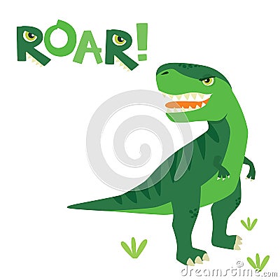 Cute Little Scary T Rex Dinosaur with Roar Lettering Isolated on White Vector Illustration Vector Illustration