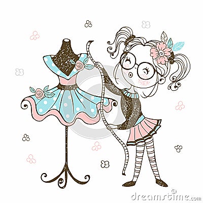 A cute little seamstress shows off the dress she made. Vector Vector Illustration