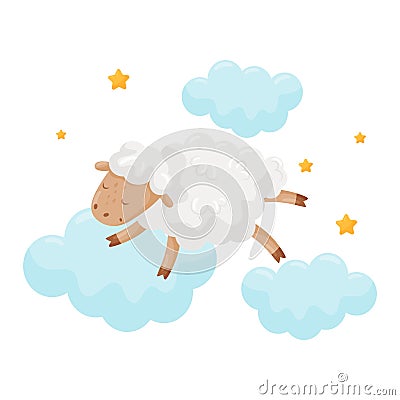 Cute little sheep sleeping on a cloud, lovely animal cartoon character, good night design element, sweet dreams vector Vector Illustration