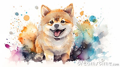 Cute little Shiba Inu dog with a wide open mouthed smile and bright. Watercolor Stock Photo