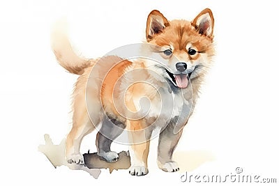 Cute little Shiba Inu dog with a wide open mouthed smile and bright. Watercolor Stock Photo