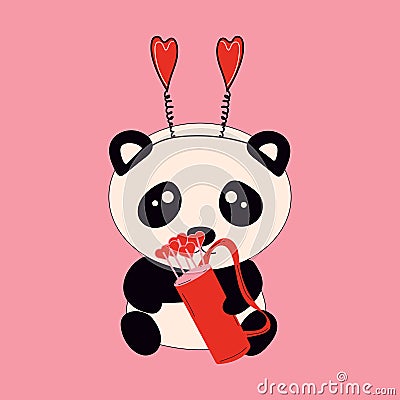 Cute little sitting panda holds cupid's love arrows. Vector Illustration