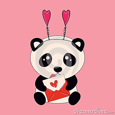 Cute little sitting panda holds envelope with hearts Vector Illustration