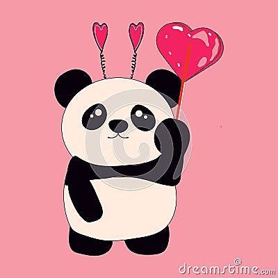 Cute little sitting panda holds Heart shaped lollipop. Vector Illustration