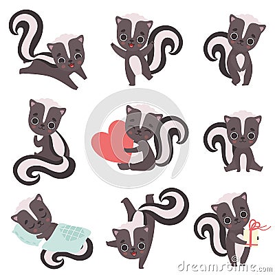 Cute Little Skunks Set, Adorable Baby Animals Cartoon Characters Vector Illustration Vector Illustration