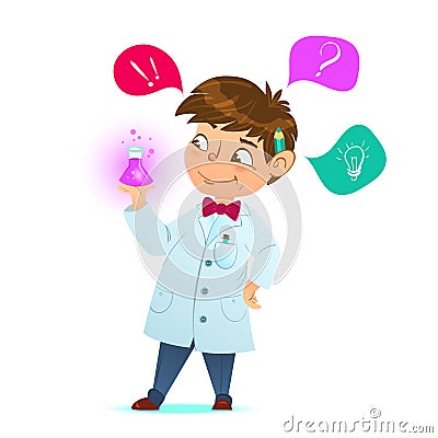 Cute little smart boy. The scientist. holding a test tube, holds chemical experiment. Cartoon character, mascot Vector Illustration