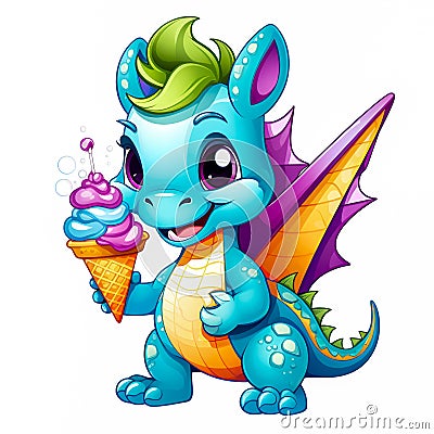 Cute little smiling dragon with ice cream on white background. Cartoon style. Stock Photo