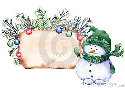 Cute little snowman, pld parchment greeting card and Christmas decoration. Cartoon Illustration