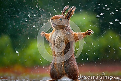 Cute little squirrel dancing in the rain Stock Photo