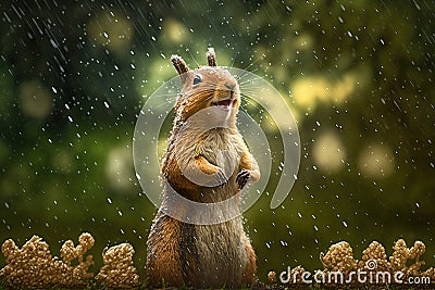 Cute little squirrel dancing in the rain Stock Photo