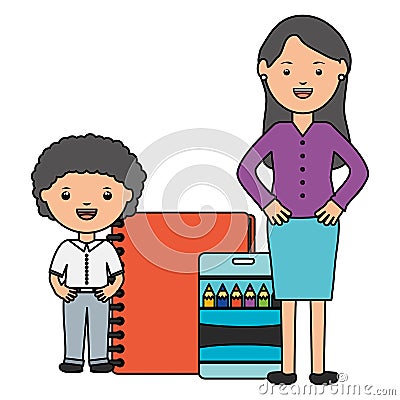 Cute little student boy with female teacher and notebook Vector Illustration