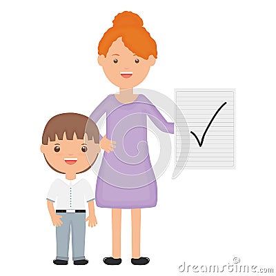 Cute little student boy with female teacher and test paper Vector Illustration