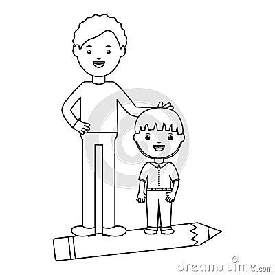 Cute little student boy with teacher and pencil Vector Illustration