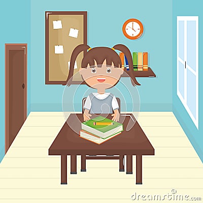 Cute little student girl in the classroom Vector Illustration