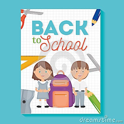 Cute little students with supplies Vector Illustration