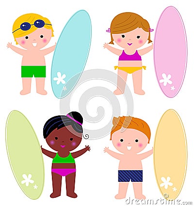 Cute little summer kids with surf set Cartoon Illustration