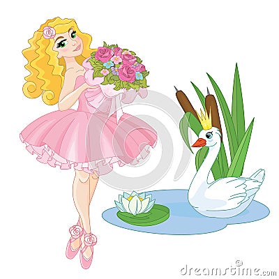 Cute Little Girl Swan Princess Vector Illustration