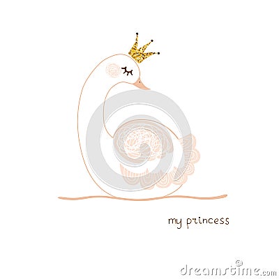 Cute little swan princess with gold crown vector illustration card Vector Illustration