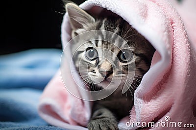 Cute little tabby kitten with blue eyes wrapped in pink blanket, Cute wet gray tabby cat kitten after a bath wrapped in a pink Stock Photo