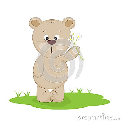 Cute little Teddy bear carry a bouquet flowers on a white background Vector Illustration