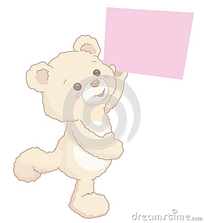 Cute Little Teddy Bear Holding a Blank Banner Board Vector Illustration